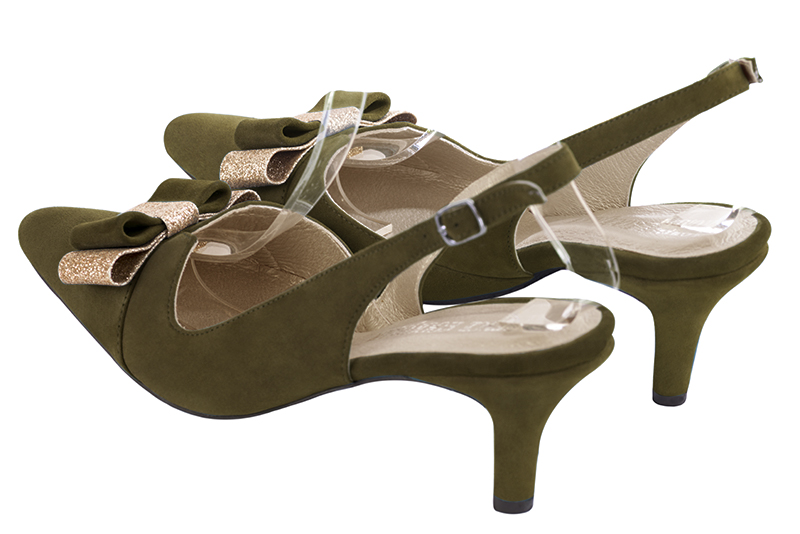 Khaki green and gold women's open back shoes, with a knot. Tapered toe. Medium slim heel. Rear view - Florence KOOIJMAN